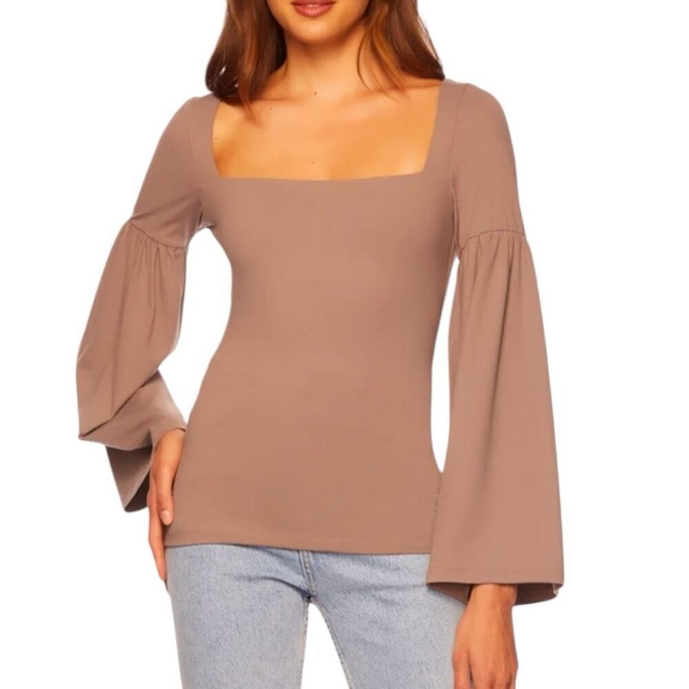 NEW Susana Monaco Bell Sleeve Square Neck Top Hunter Coco S - Picture 2 of 6